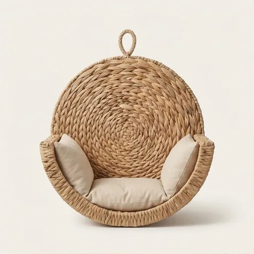 Cama colgante circular para gatos de jacinto de agua tejido a mano, con cojín interior blanco, para colgar en la pared
