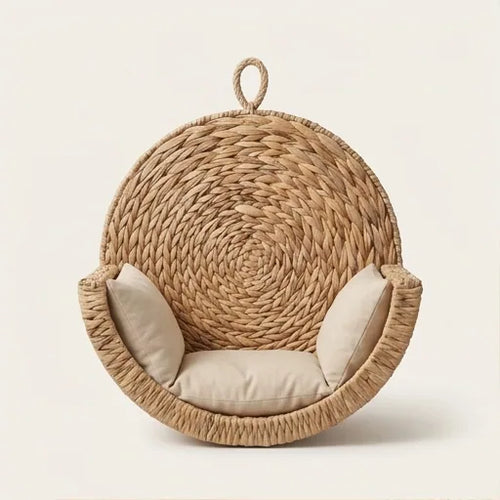 Cama colgante circular para gatos de jacinto de agua tejido a mano, con cojín interior blanco, para colgar en la pared